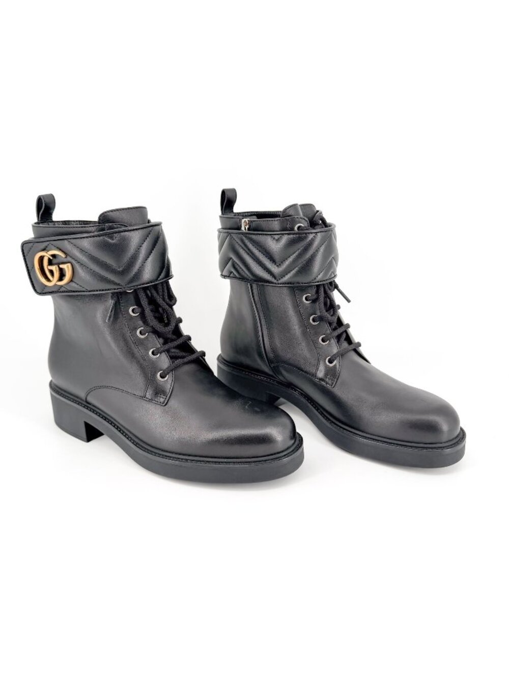 Gucci Marmont GG Black Leather Lace Up Combat Boots Size 41 US 11 Women's